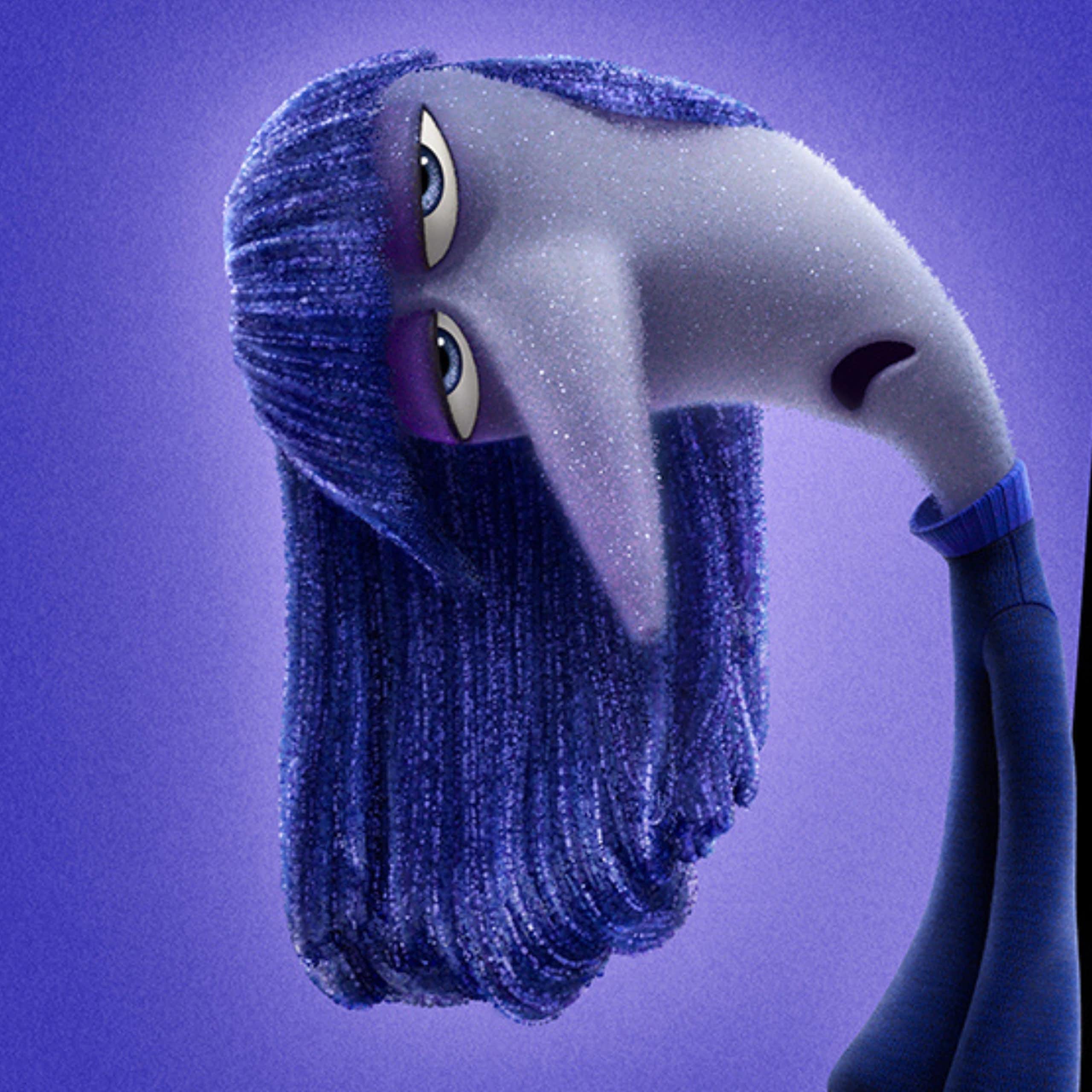 The character of ennui, leaning to one side with long purple hair
