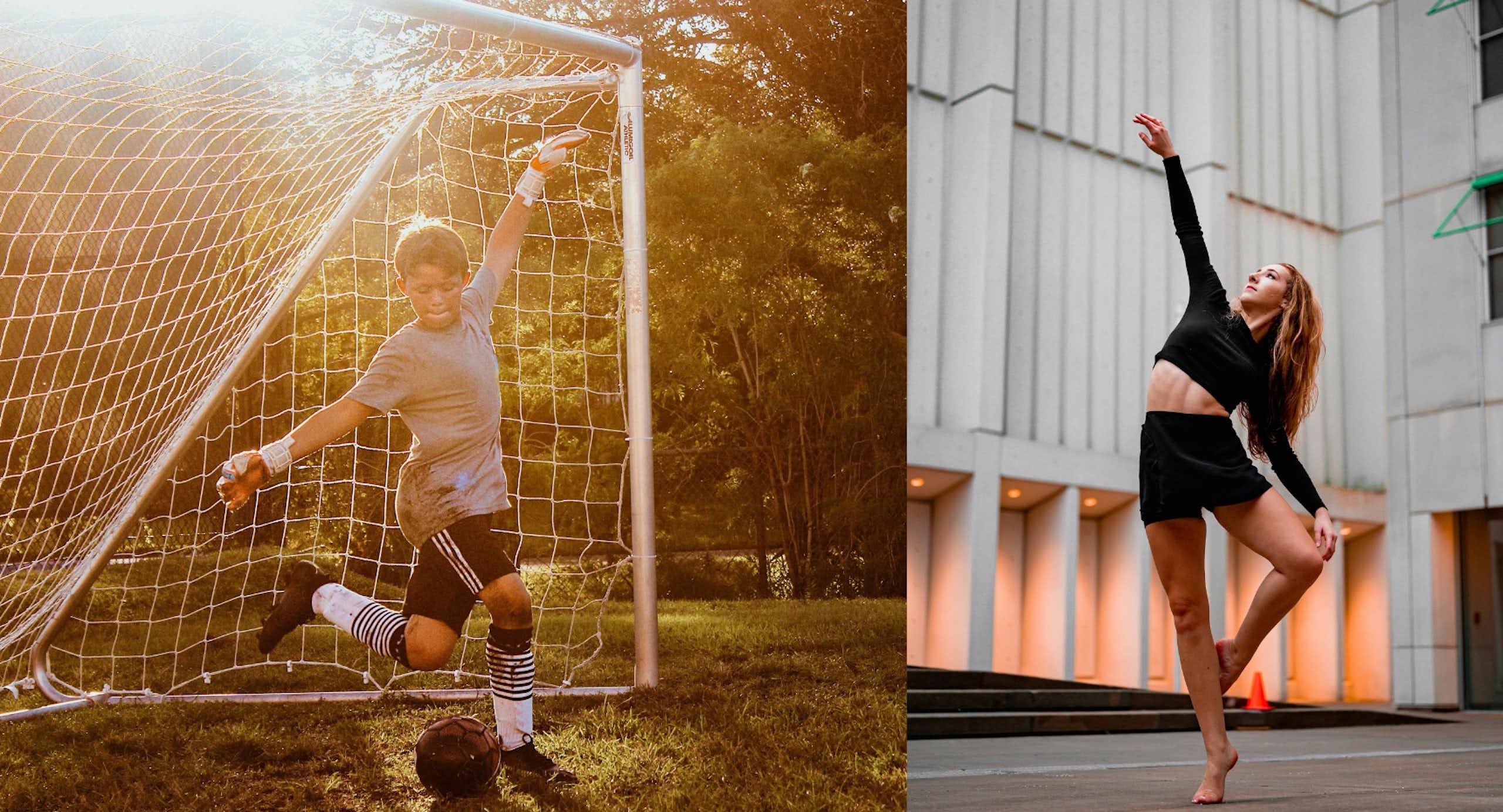 A boy playing soccer and a woman dancing