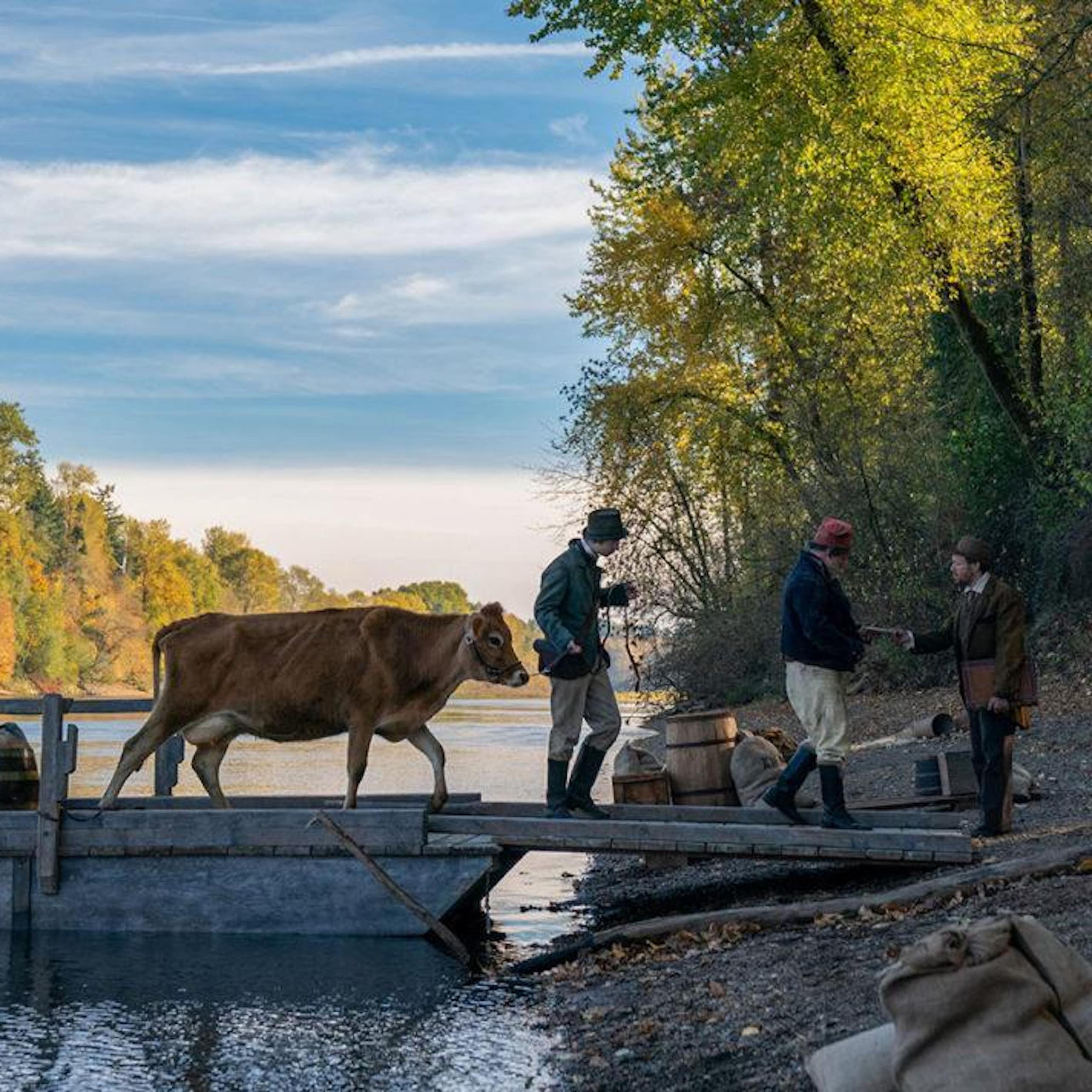 Four men lead a cow along a wooden jetty on the shore of a river surrounded by trees 