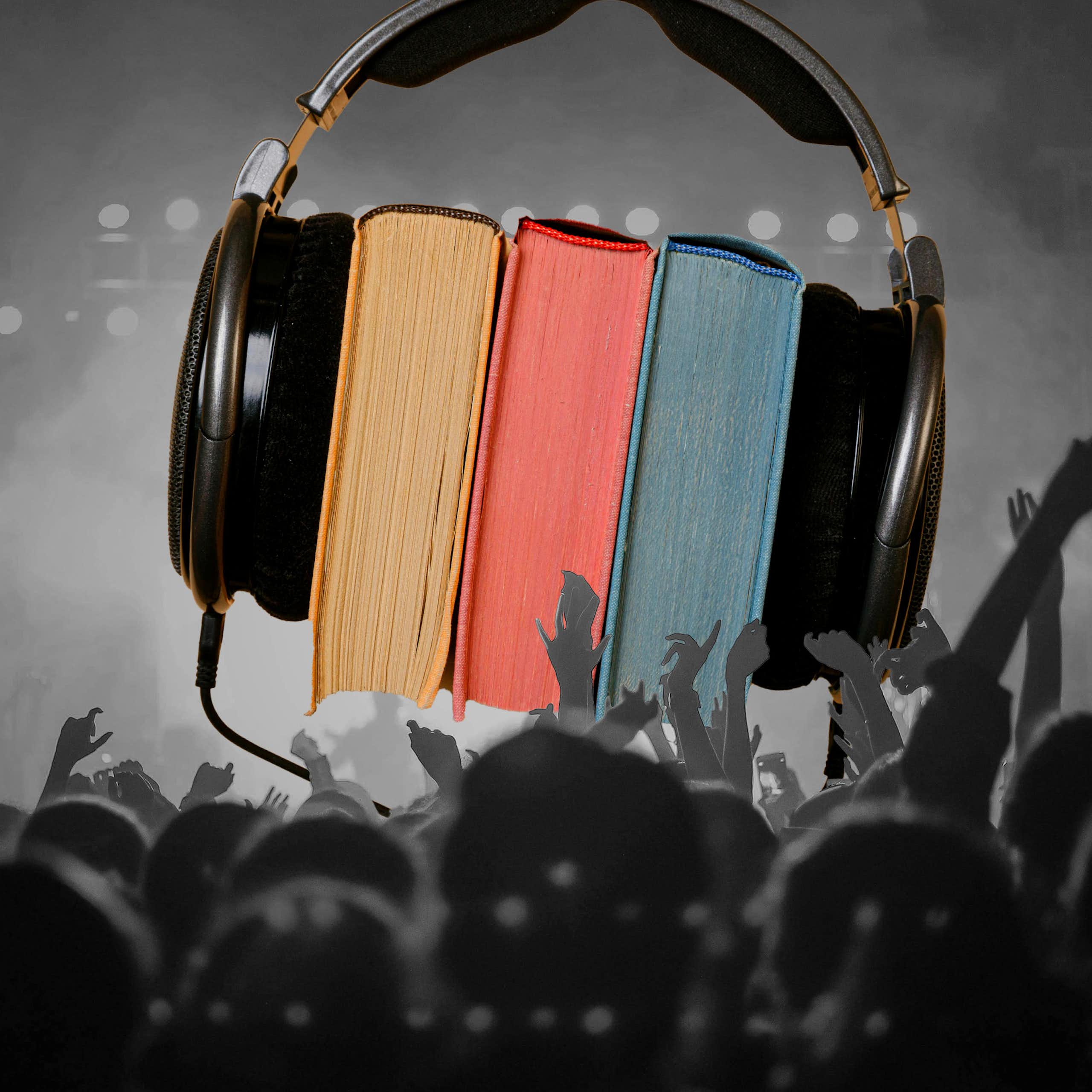 A pair of headphones around a stack of books, superimposed over a black and white image of a crowd at a live music venue