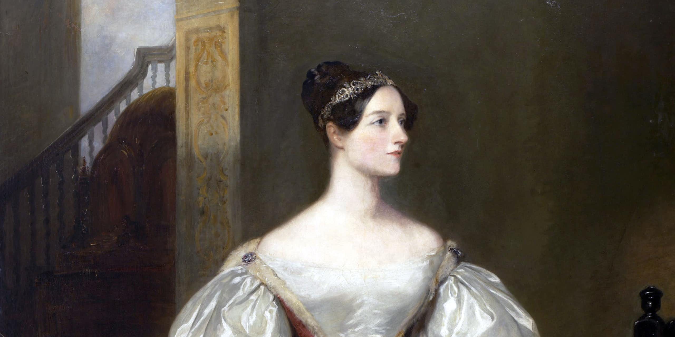 Peinture à l'huile d'Ada Lovelace, portant une robe blanche.