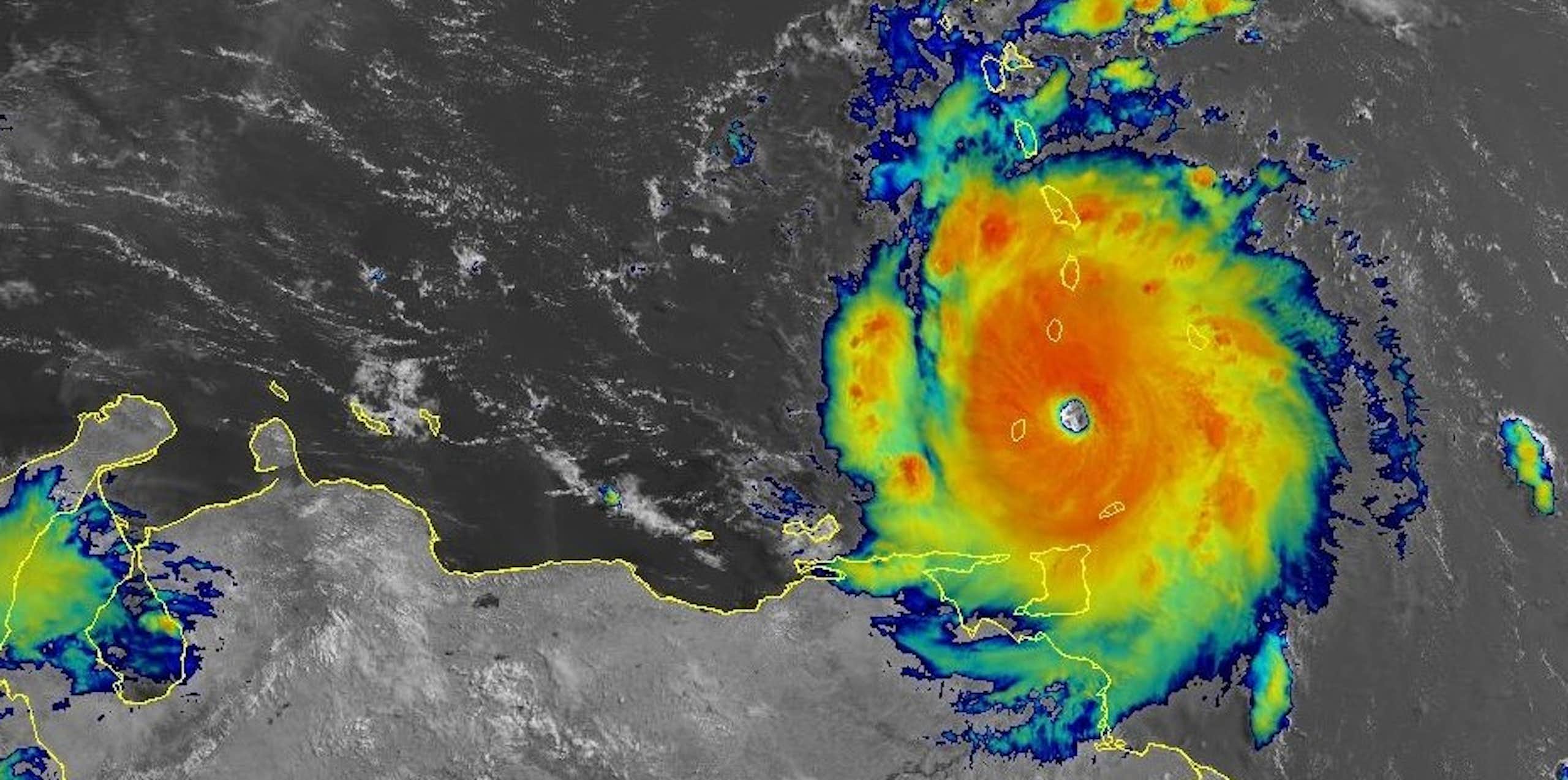 A satellite image of Hurricane Beryl approaching the Windward Islands.