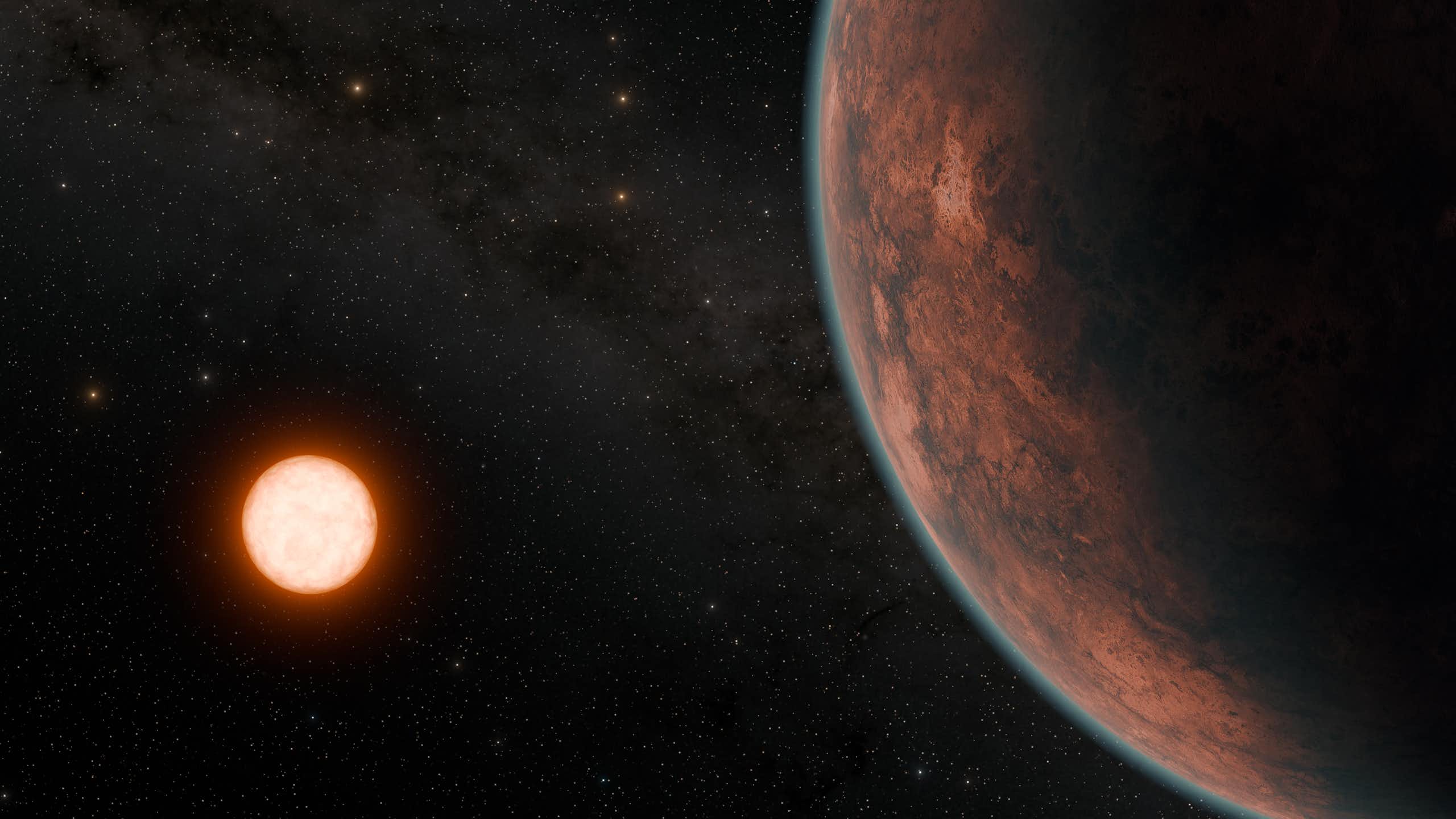 Gliese 12 b, which orbits a cool red dwarf star located just 40 light-years away, promises to tell astronomers more about how planets close to their stars retain or lose their atmospheres. In this artist’s concept, Gliese 12 b is shown retaining a thin atmosphere.