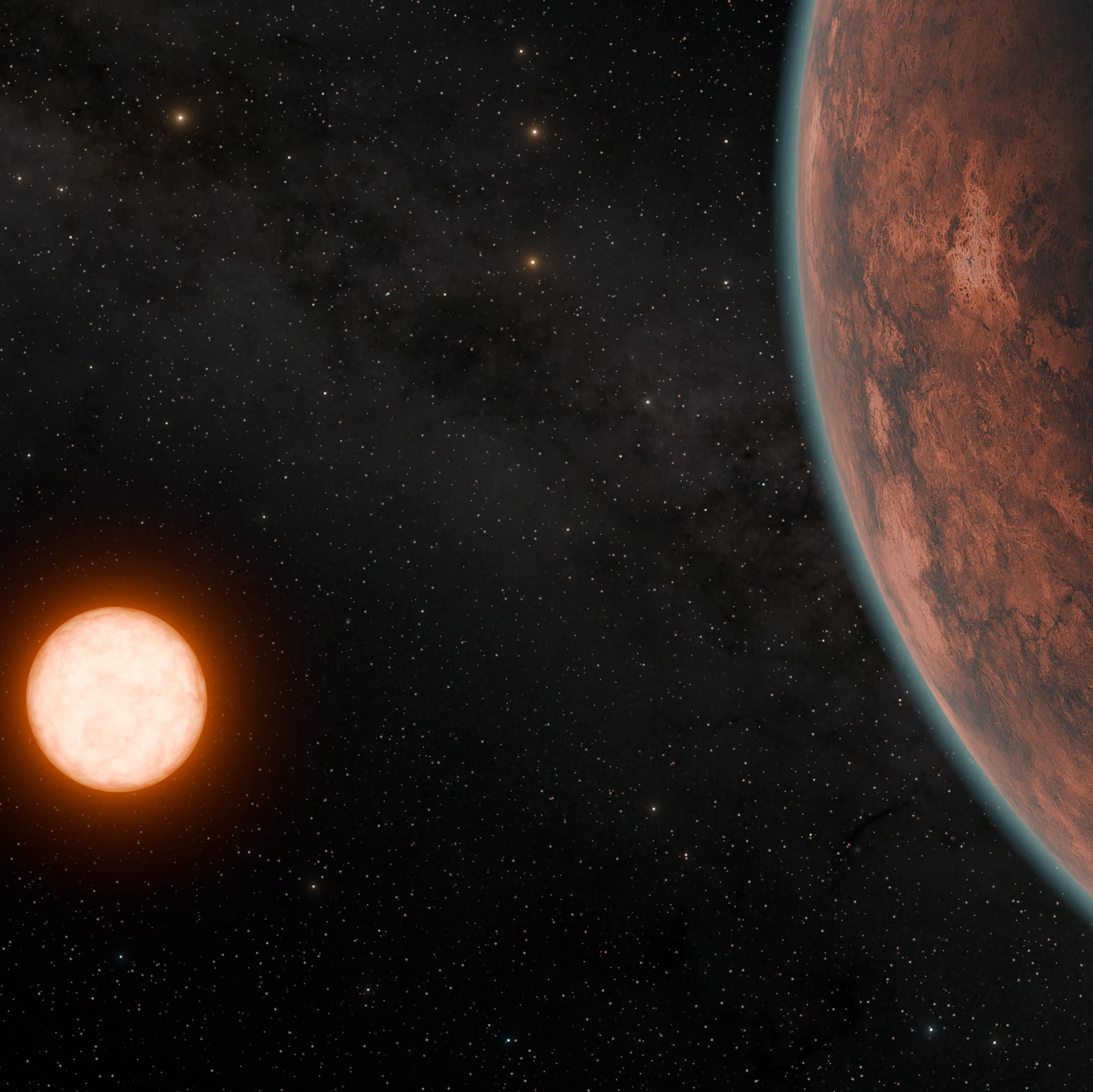 Gliese 12 b, which orbits a cool red dwarf star located just 40 light-years away, promises to tell astronomers more about how planets close to their stars retain or lose their atmospheres. In this artist’s concept, Gliese 12 b is shown retaining a thin atmosphere.