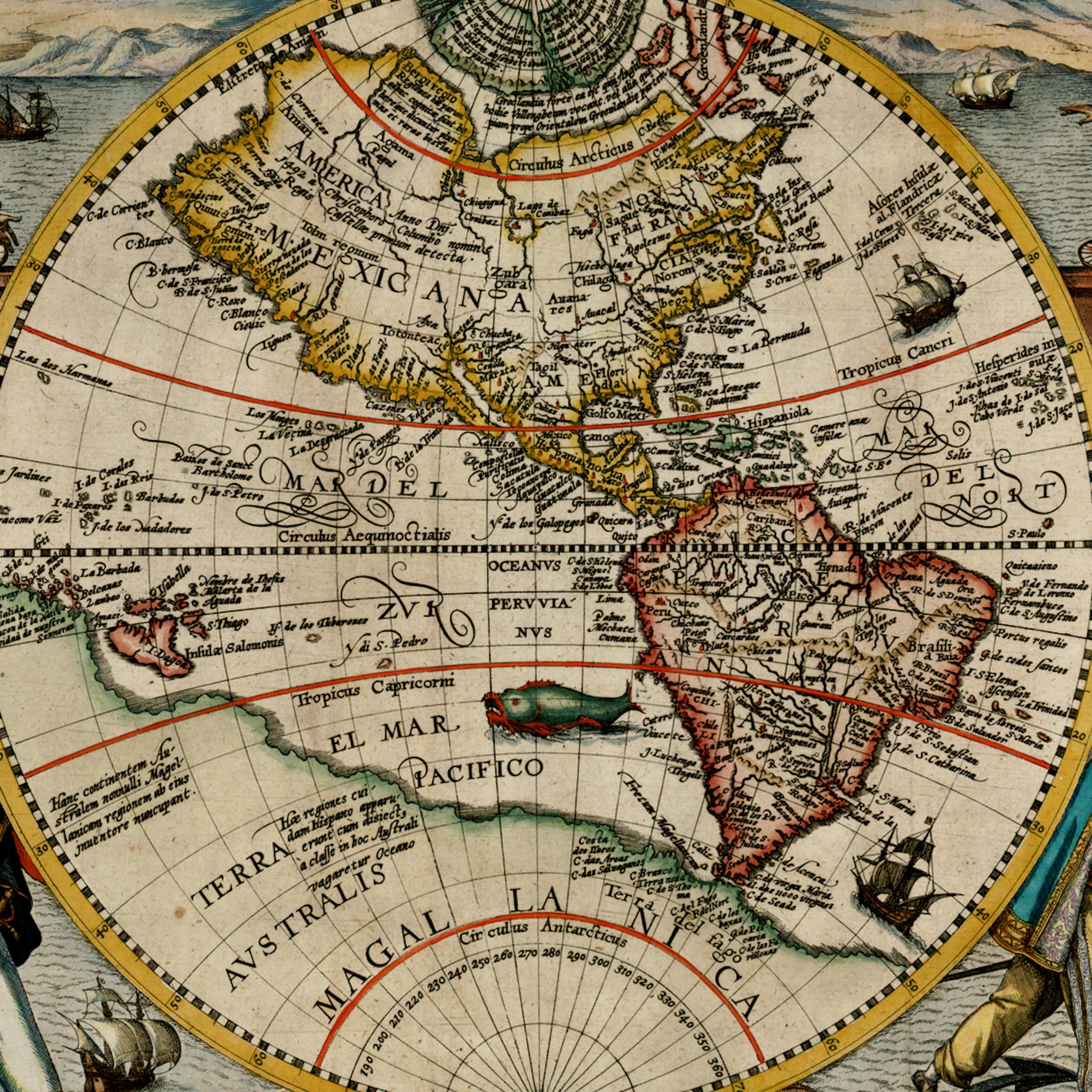 A 16th century map of America, with present-day Mexico and South America clearly visible.