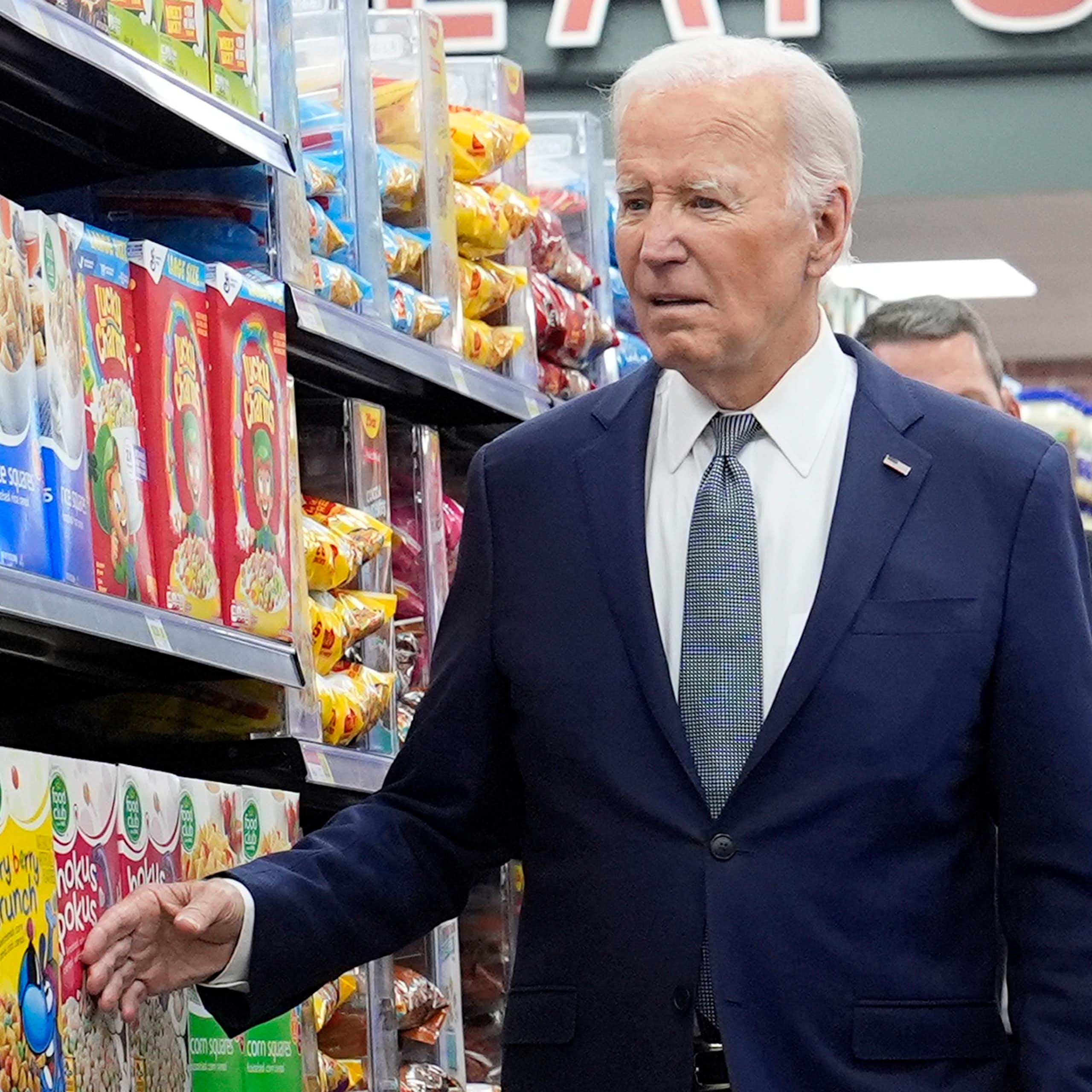 US President Joe Biden in cereal isle at supermarket