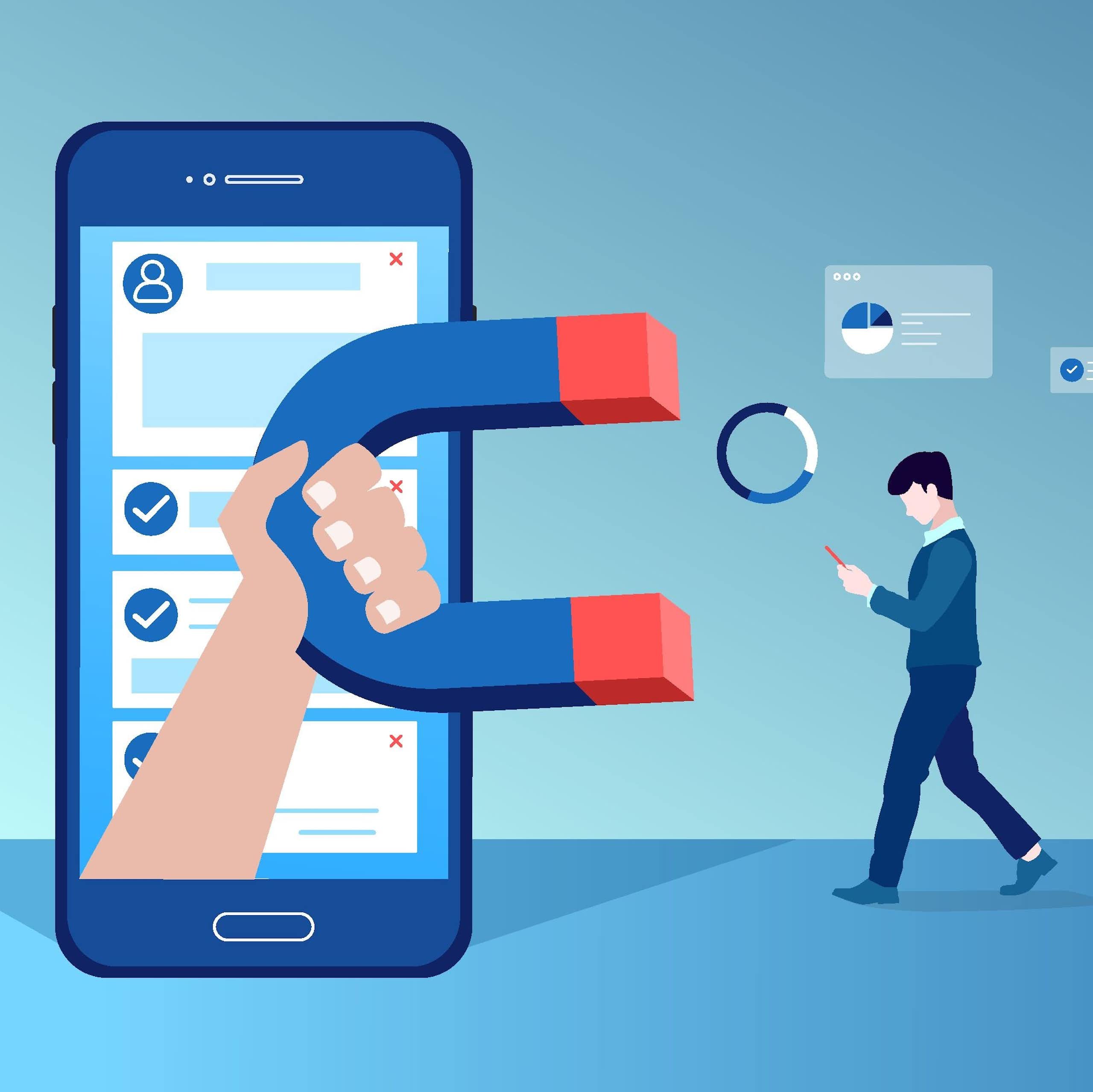 Graphic of people on phones walking toward a large phone with a hand carrying a magnet 