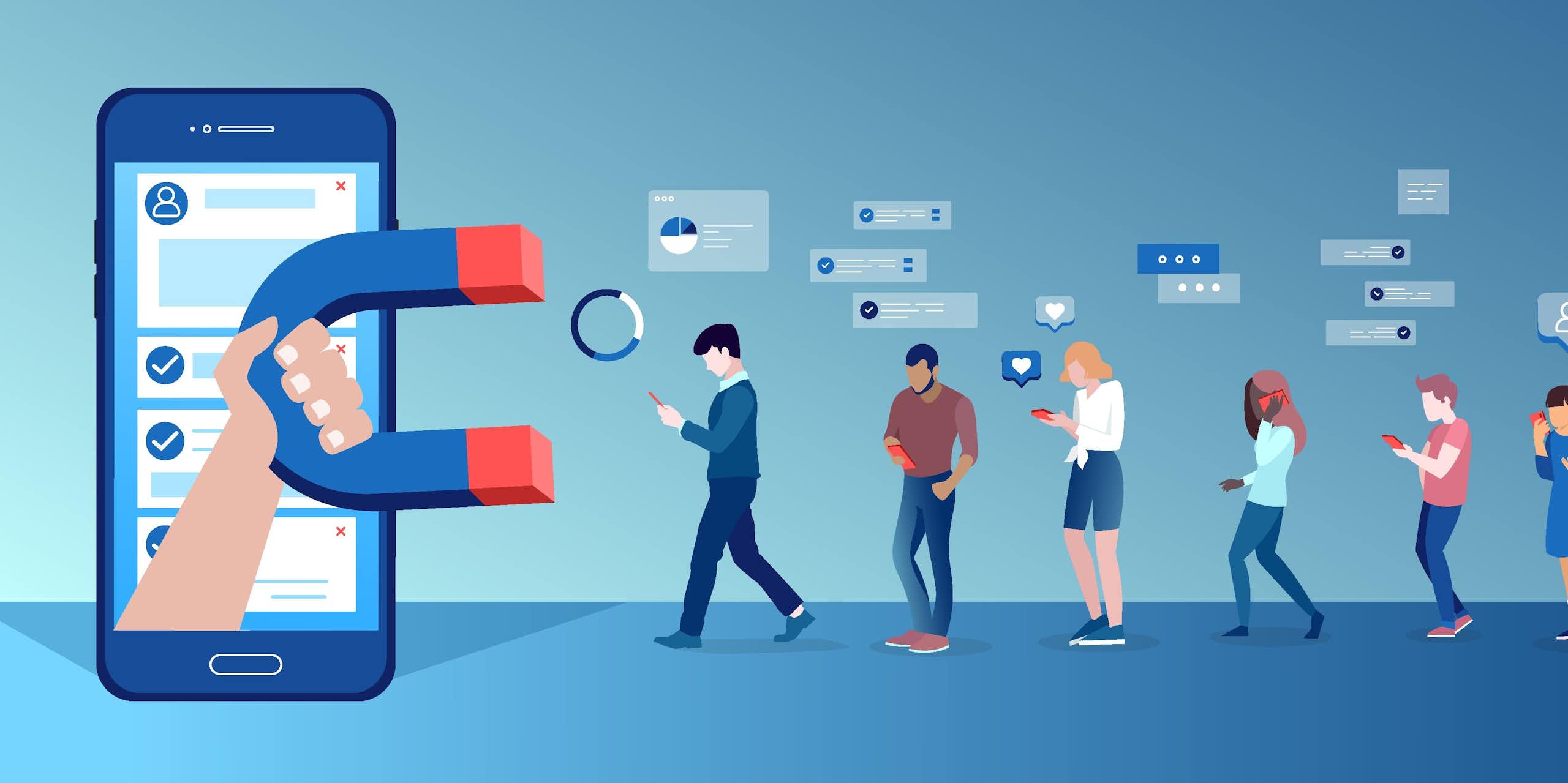 Graphic of people on phones walking toward a large phone with a hand carrying a magnet 