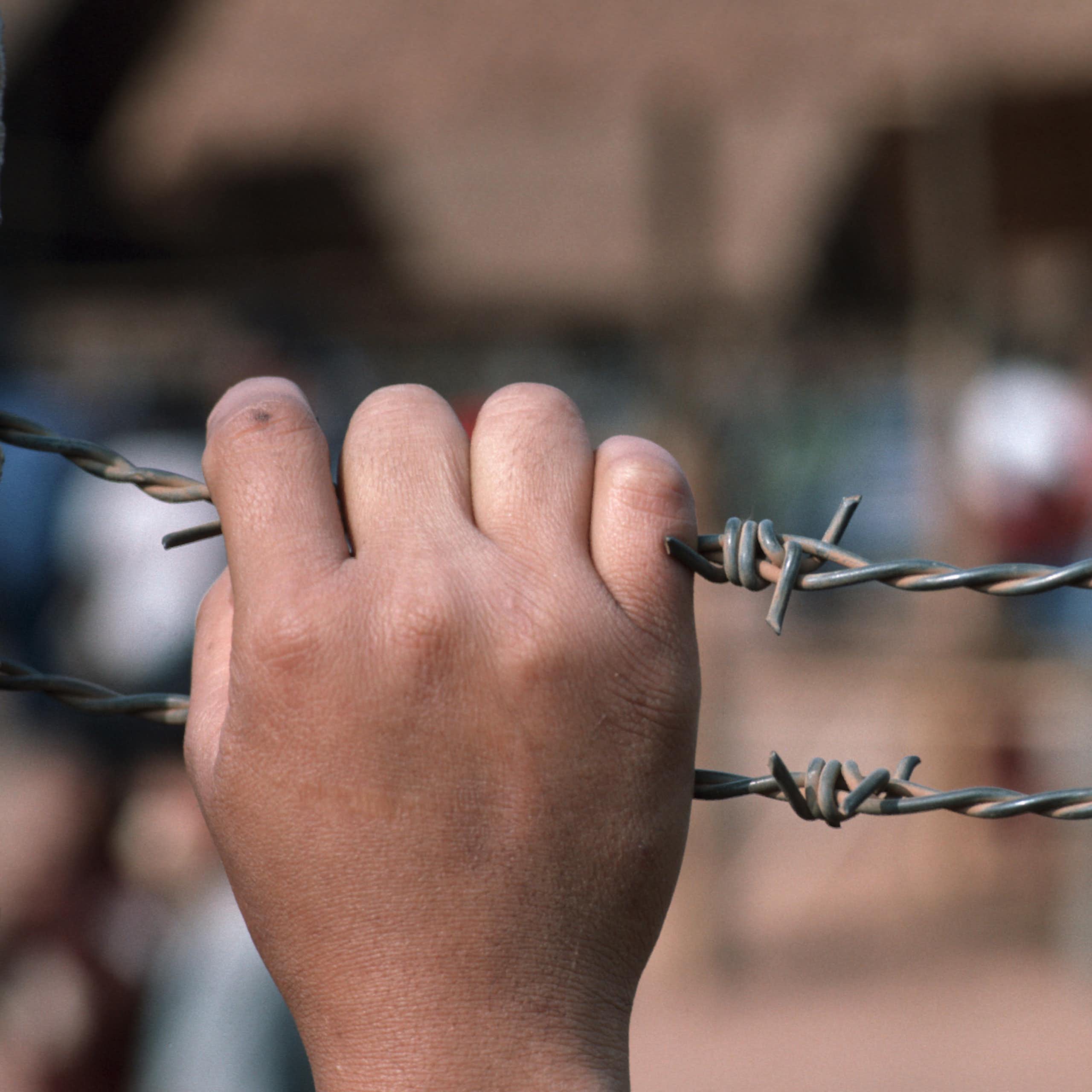 A hand holding a barbed wire fence