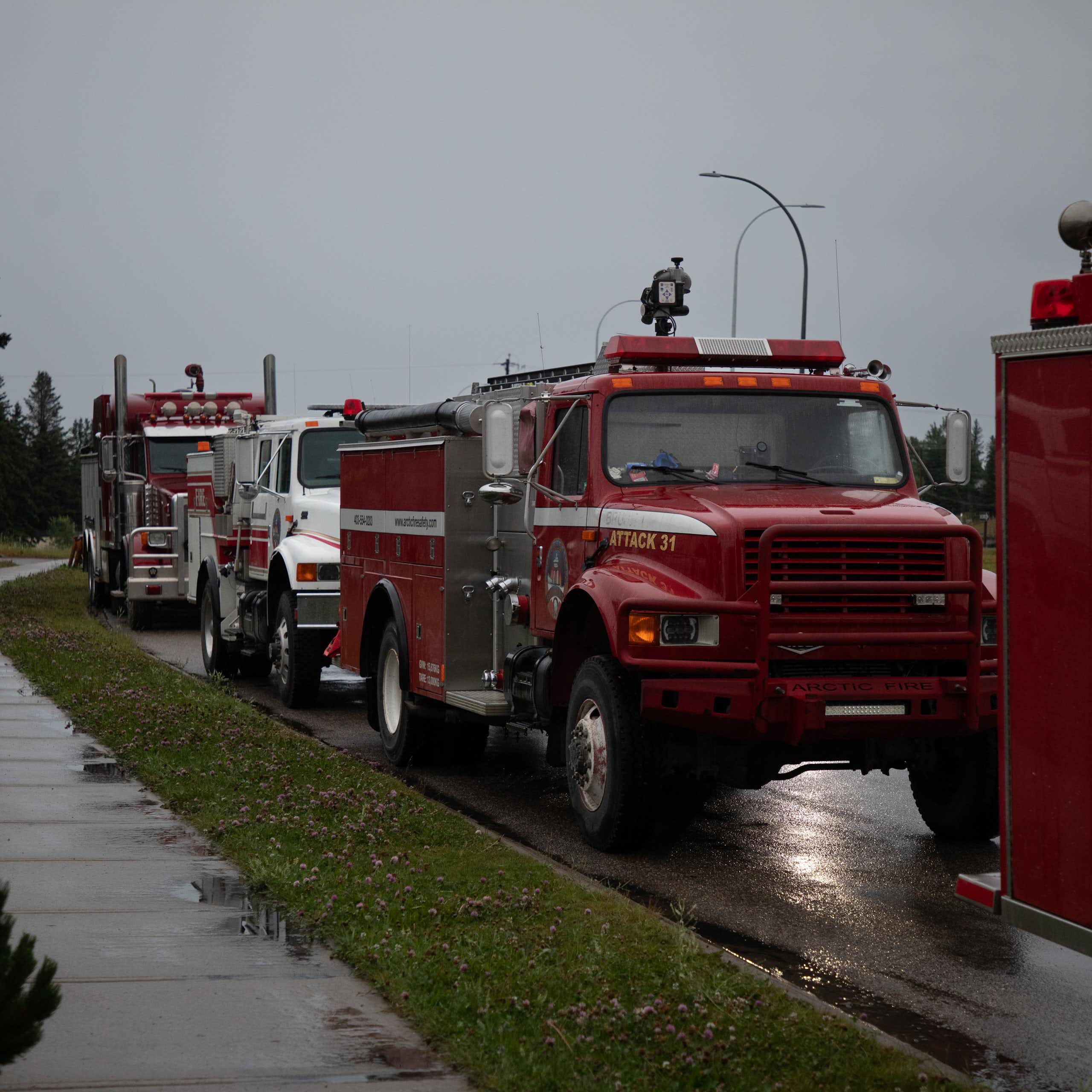 A row of fire trucks.