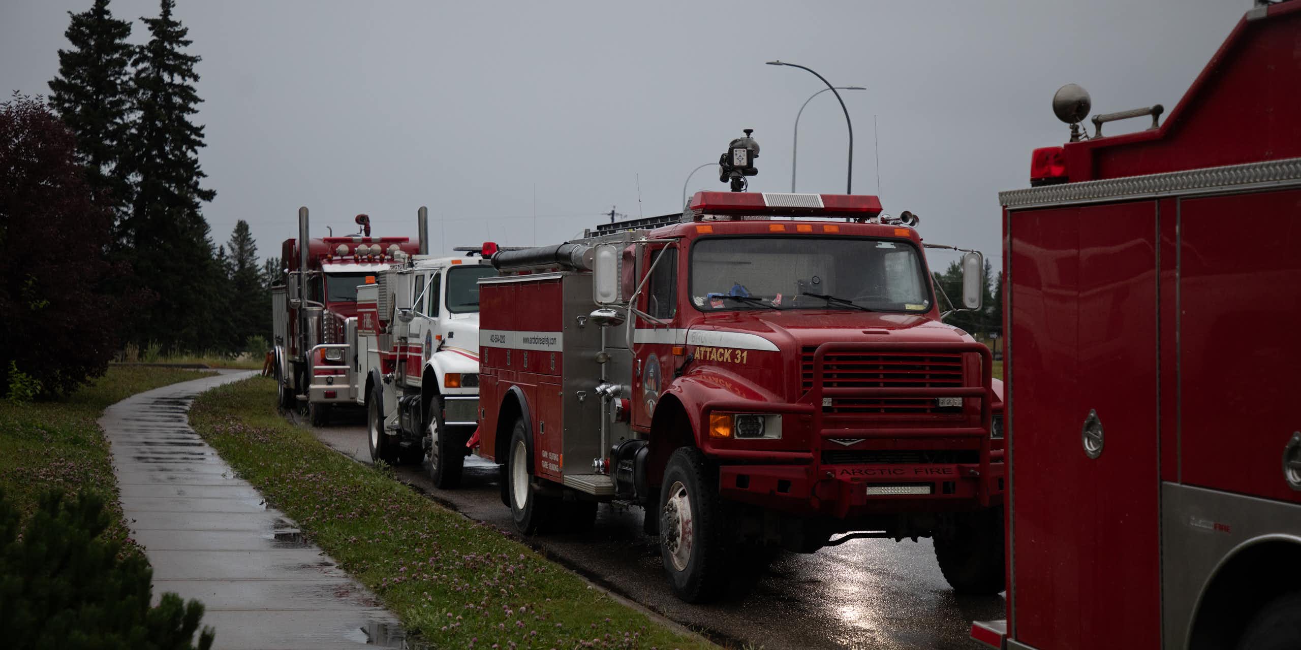 A row of fire trucks.
