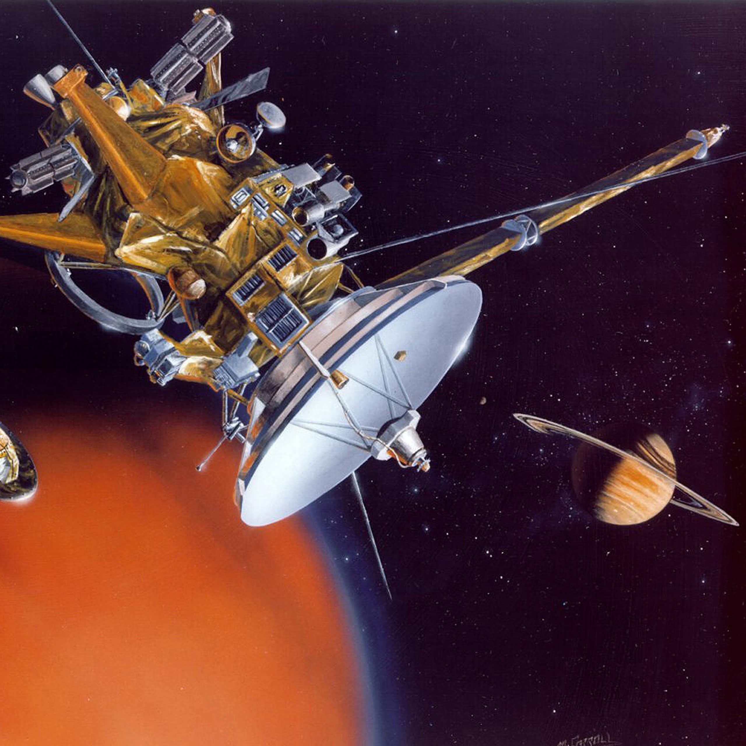 A spacecraft approaching a planet.