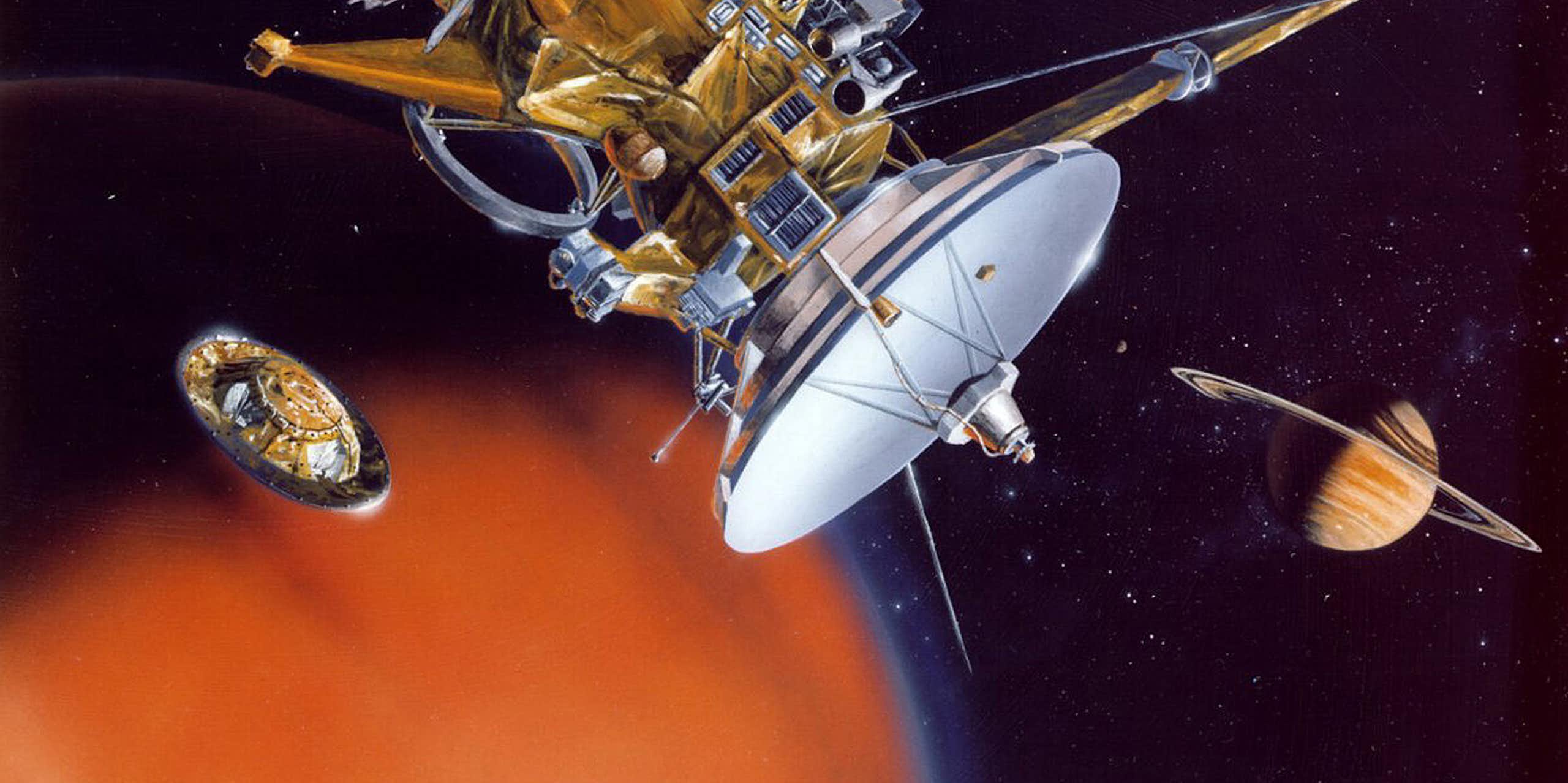 A spacecraft approaching a planet.