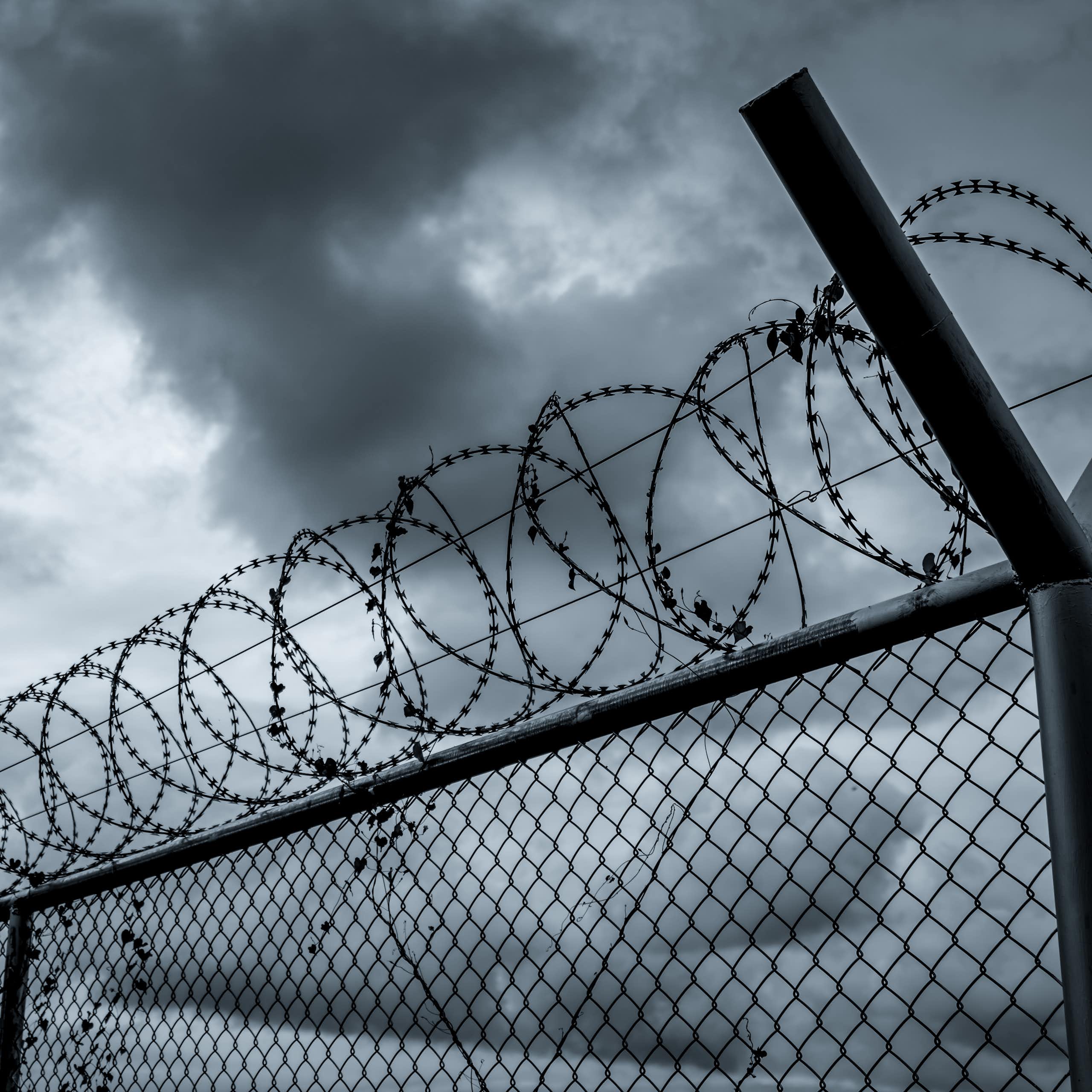 A prison security fence under a gloomy sky.