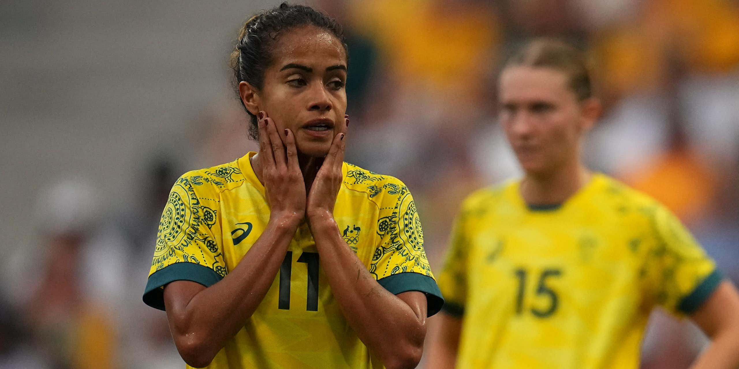 Australia's Mary Fowler reacts as the Matildas crashed out of the Olympics