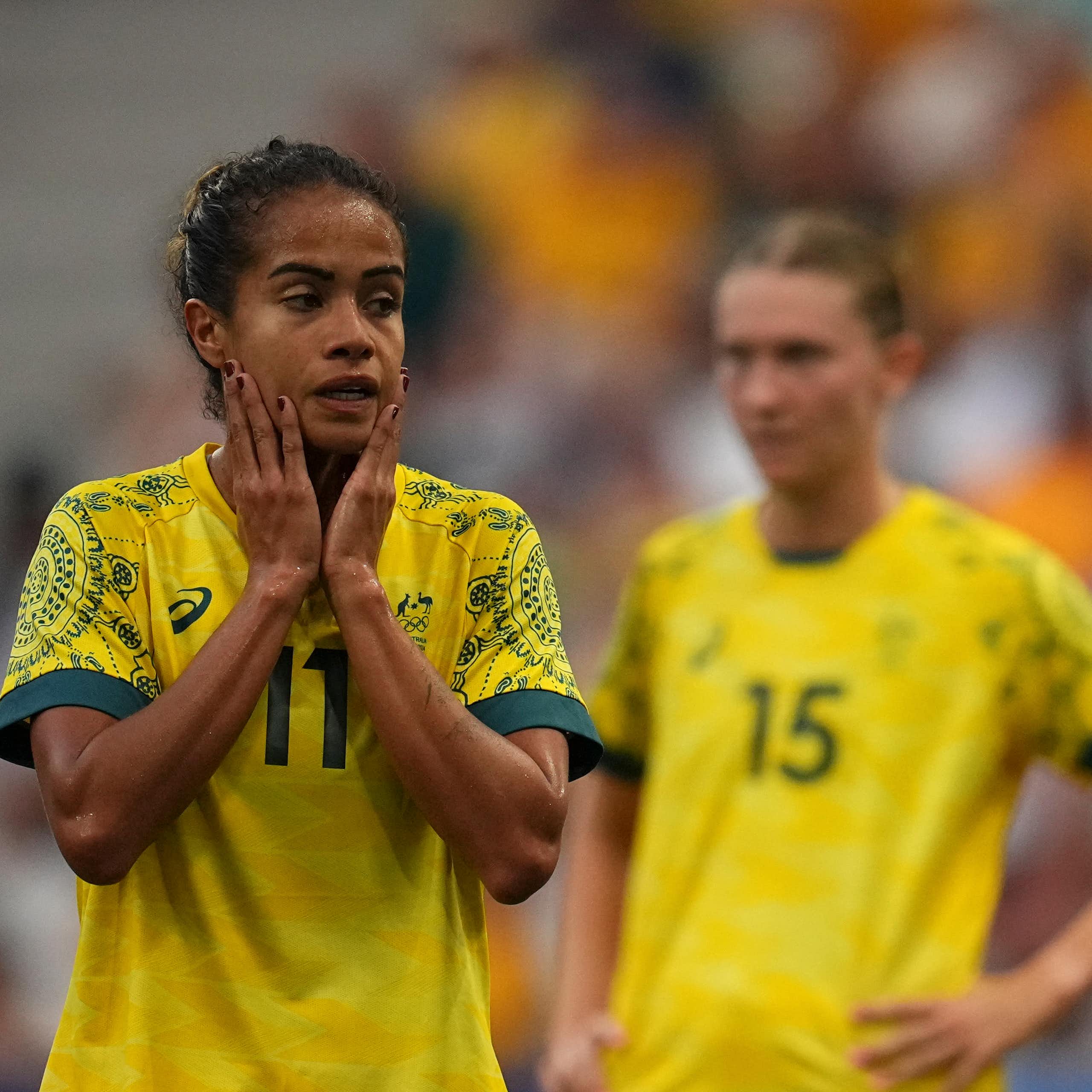 Australia's Mary Fowler reacts as the Matildas crashed out of the Olympics