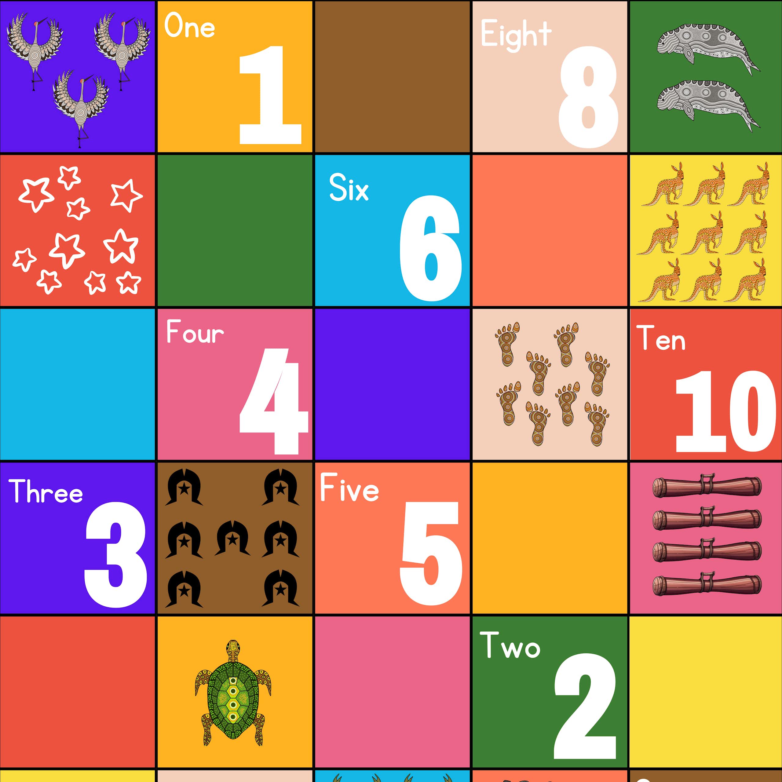 Grids with numbers and corresponding pictures. For example "1" and a grid with one turtle. 