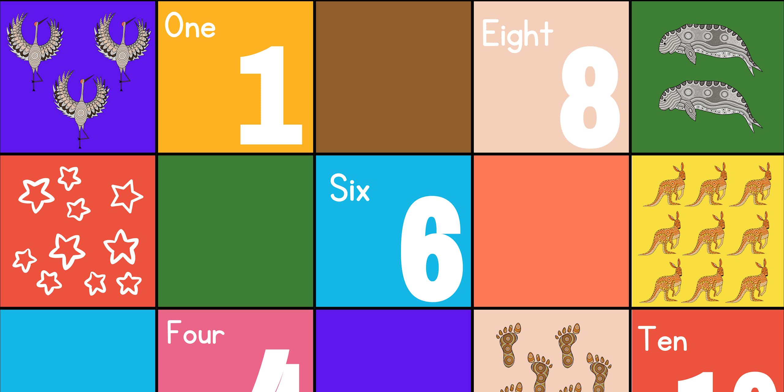 Grids with numbers and corresponding pictures. For example "1" and a grid with one turtle. 