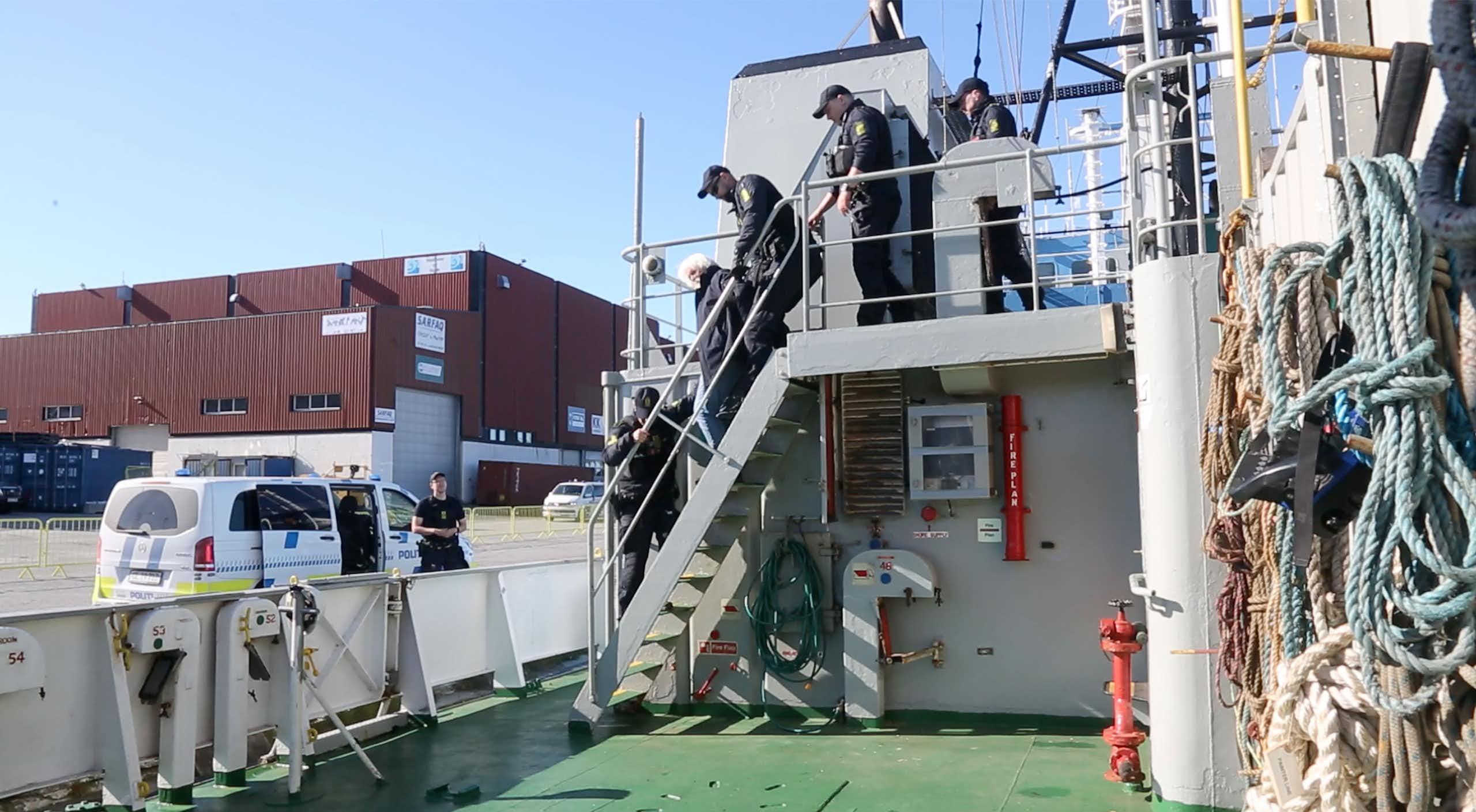 Sea Shepherd founder and anti-whaling campaigner Paul Watson being arrested by Danish police in Nuuk, Greenland on July 21, 2024. 