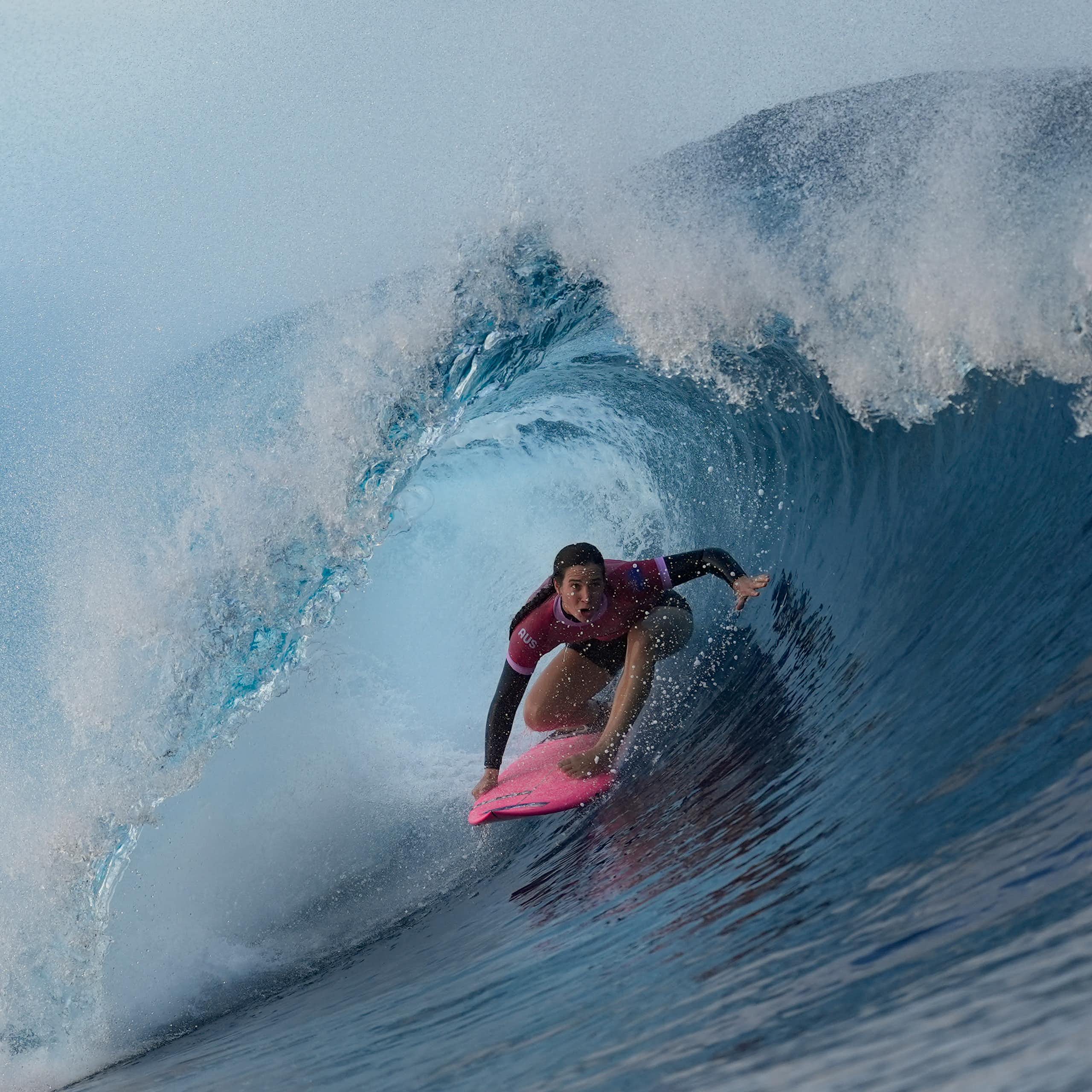 Tyler Wright, of Australia, surfs during the third round of the 2024 Summer Olympics surfing competition, Thursday, Aug. 1, 2024, in Teahupo'o, Tahiti.