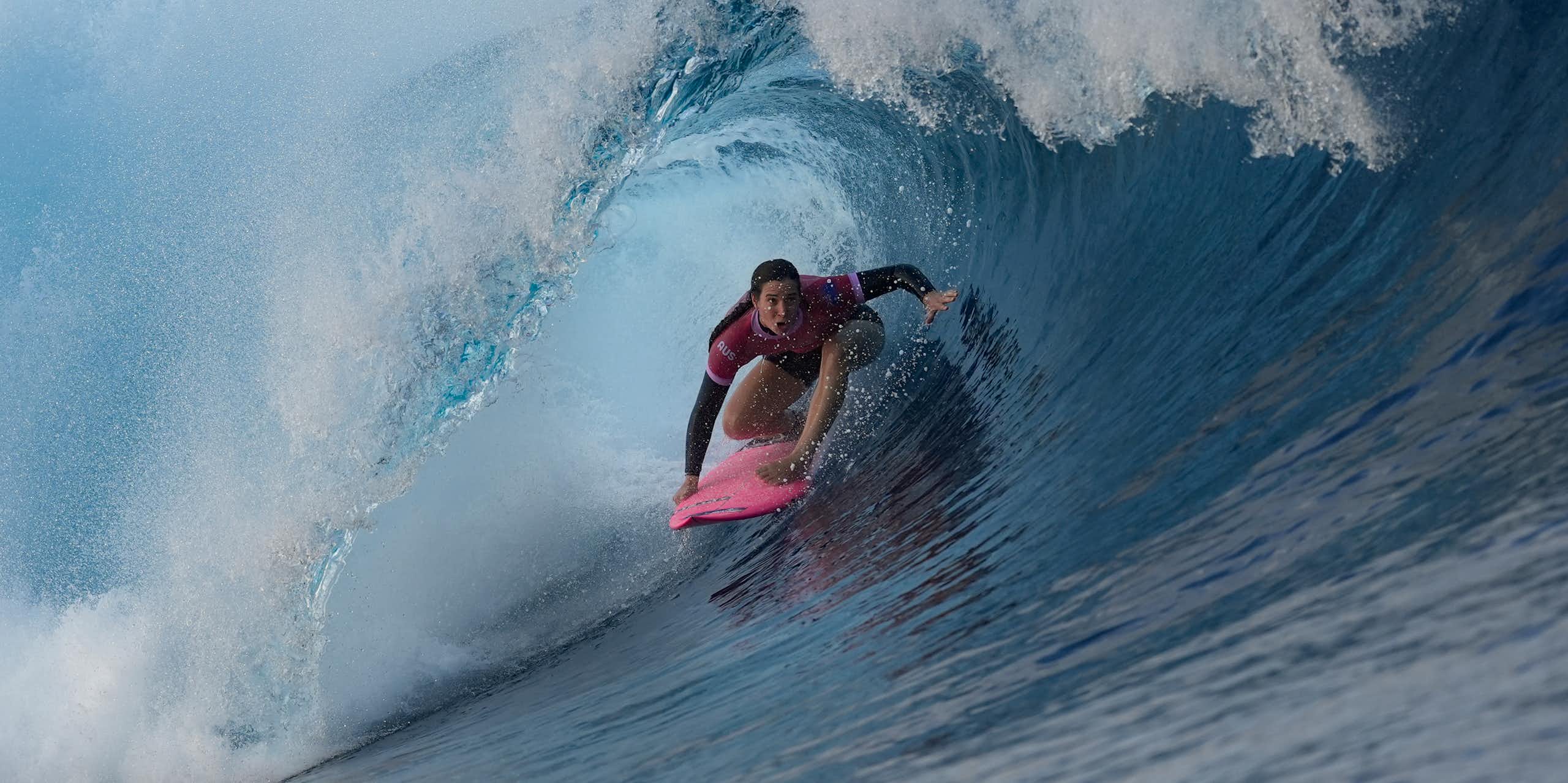 Tyler Wright, of Australia, surfs during the third round of the 2024 Summer Olympics surfing competition, Thursday, Aug. 1, 2024, in Teahupo'o, Tahiti.
