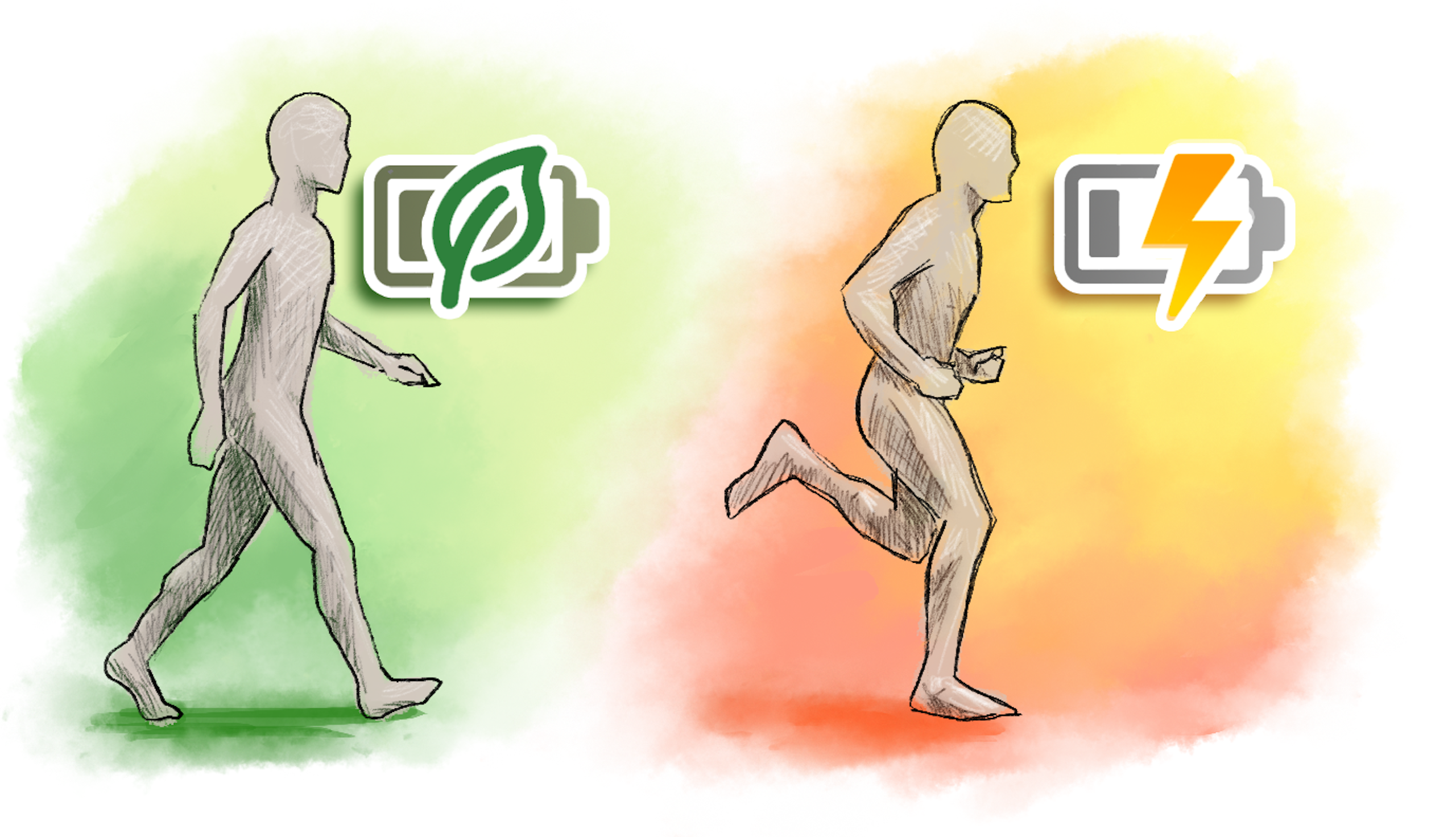 Illustration of two silhouettes, one walking, the other running.